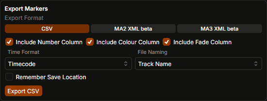 TCPLAYER CSV export settings screenshot