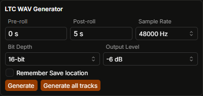 TCPLAYER LTC generator settings screenshot