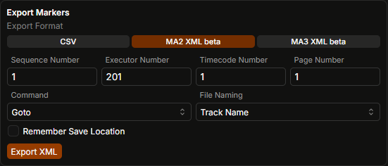 TCPLAYER MA export settings screenshot