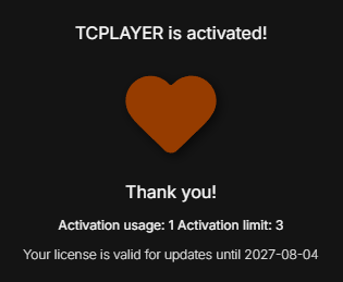 TCPLAYER activated license key screenshot