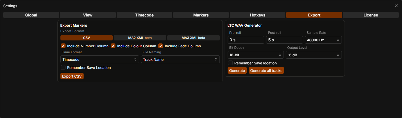 TCPLAYER export settings screenshot