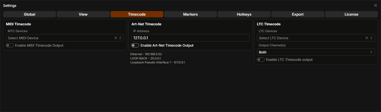 TCPLAYER timecode settings screenshot